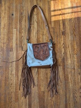 Myra Bag Brown & White Fringe Cowhide Crossbody with Tooled Leather Panel